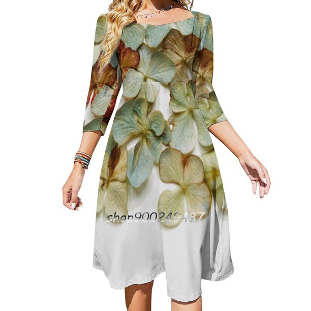 Vestido de escote cuadrado con pétalos de hortensia n.º 1, bonitos vestidos holgados con estampados, elegante vestido de fiesta en la playa, flores de hortensia, flores florales