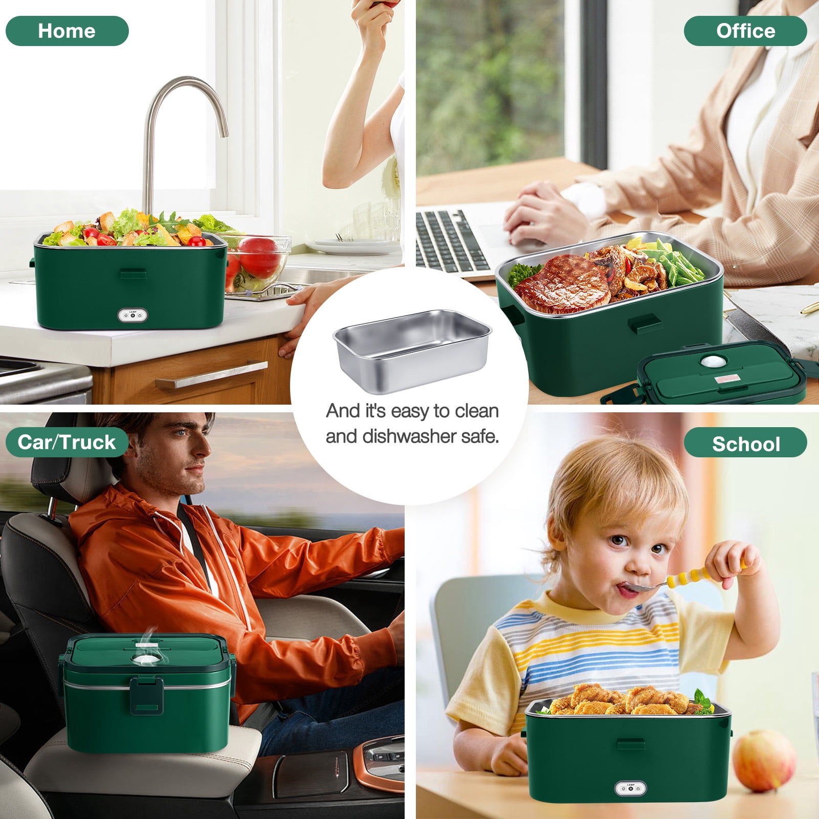 Livhil Electric Lunch Box Food Heater, Portable Food Warmer, Hot Lunch Warmer Heated Lunch Box for Adults, 60W 1.8L 12V-24V 110V Stainless Steel Container Portable Food Heater (Green+Army Green)