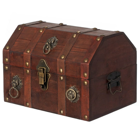 Vintiquewise QI003316 Antique Wooden Pirate Chest with Lion Rings and Lockable Latch