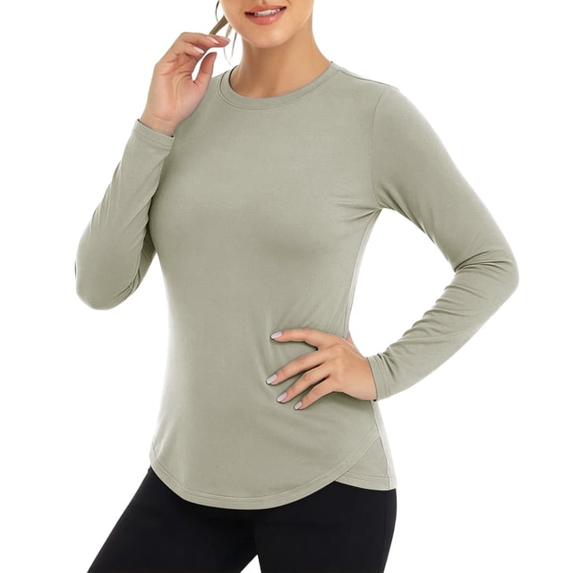 Uootdi UPF50+ Sun Protection Tops for Women Crew Neck Long Sleeve with Curved Hem Outdoor Rash Guard Quick Dry Breathable Tops Gift