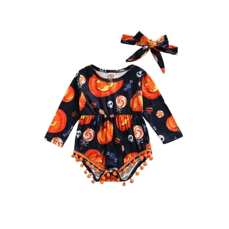 

Xingqing Newborn Baby Girls Halloween Clothes Pumpkin Print Bodysuit And Headdress 2Pcs Outfits 12-18 Months