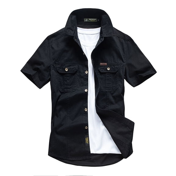 SWSMCLT Men's Button Down Shirt Cotton Short Sleeve Collared Shirt Summer Lightweight Soft Safari Work Shirts Pocket Bush Black 2X-Large