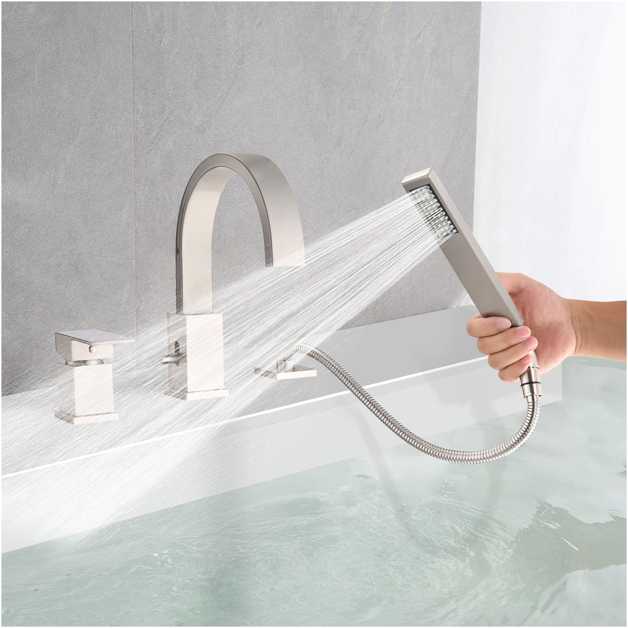 JERFIT 3-Hole Roman Tub Faucet with Hand Shower, Brushed Nickel Waterfall Bathtub Filler, Deck Mount Stainless Steel Spout Set