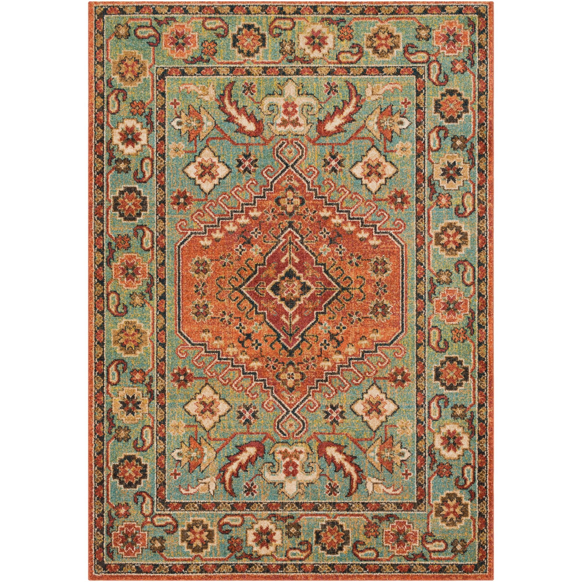 5.25' x 7.25' Teal Blue and Brown Oriental Patterned Rectangular Area