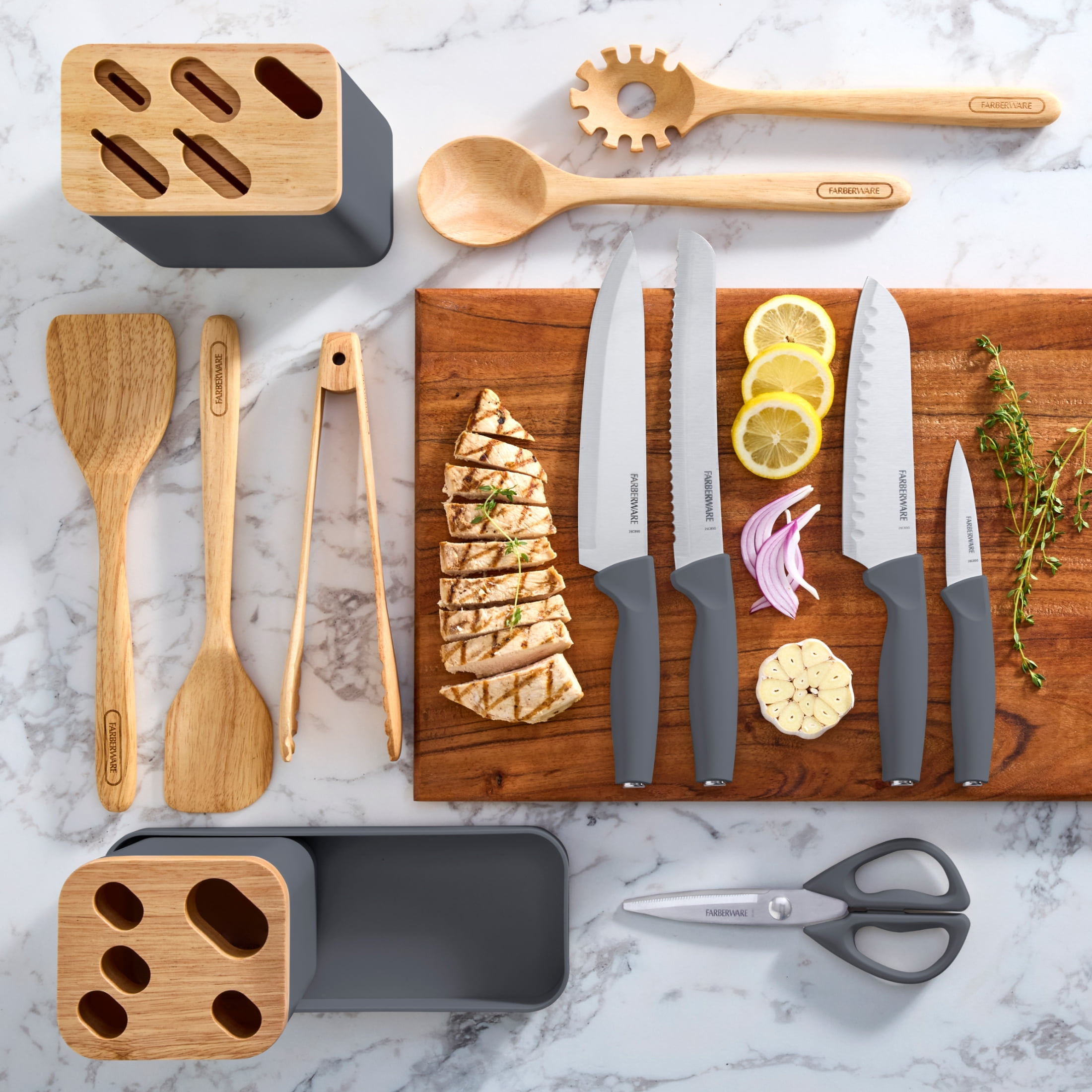 Farberware Professional Wood Kitchen Utensil and Knife Set with Counter Storage Smoke, 13-Piece