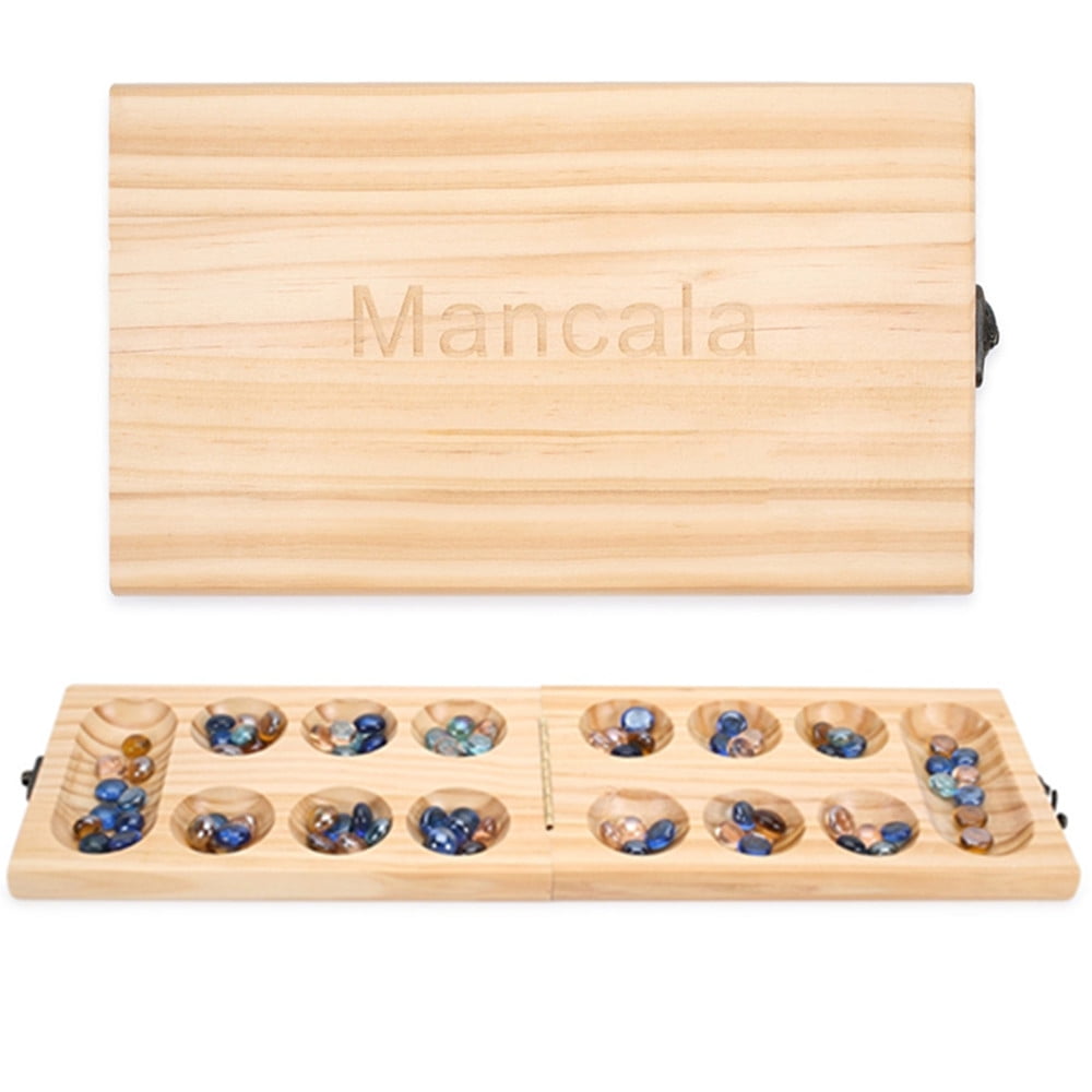 Solid Wood Mancala Folding 54 Multi Colored Stones Board Game