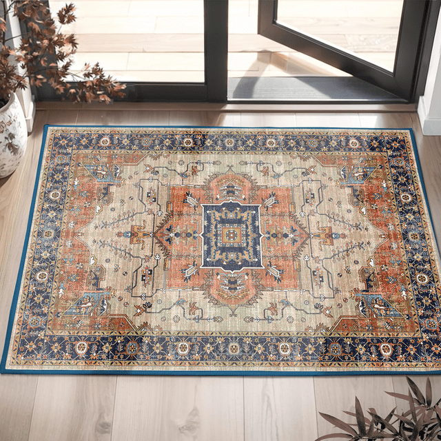 Alfombra Suave 60x90 Cm Lavable Antideslizante, Estilo Boho Pequeña para Entrada, Sala de Estar y Dormitorio, Estilo Vintage Rústico para Cocina, Color Hueso y Naranja
