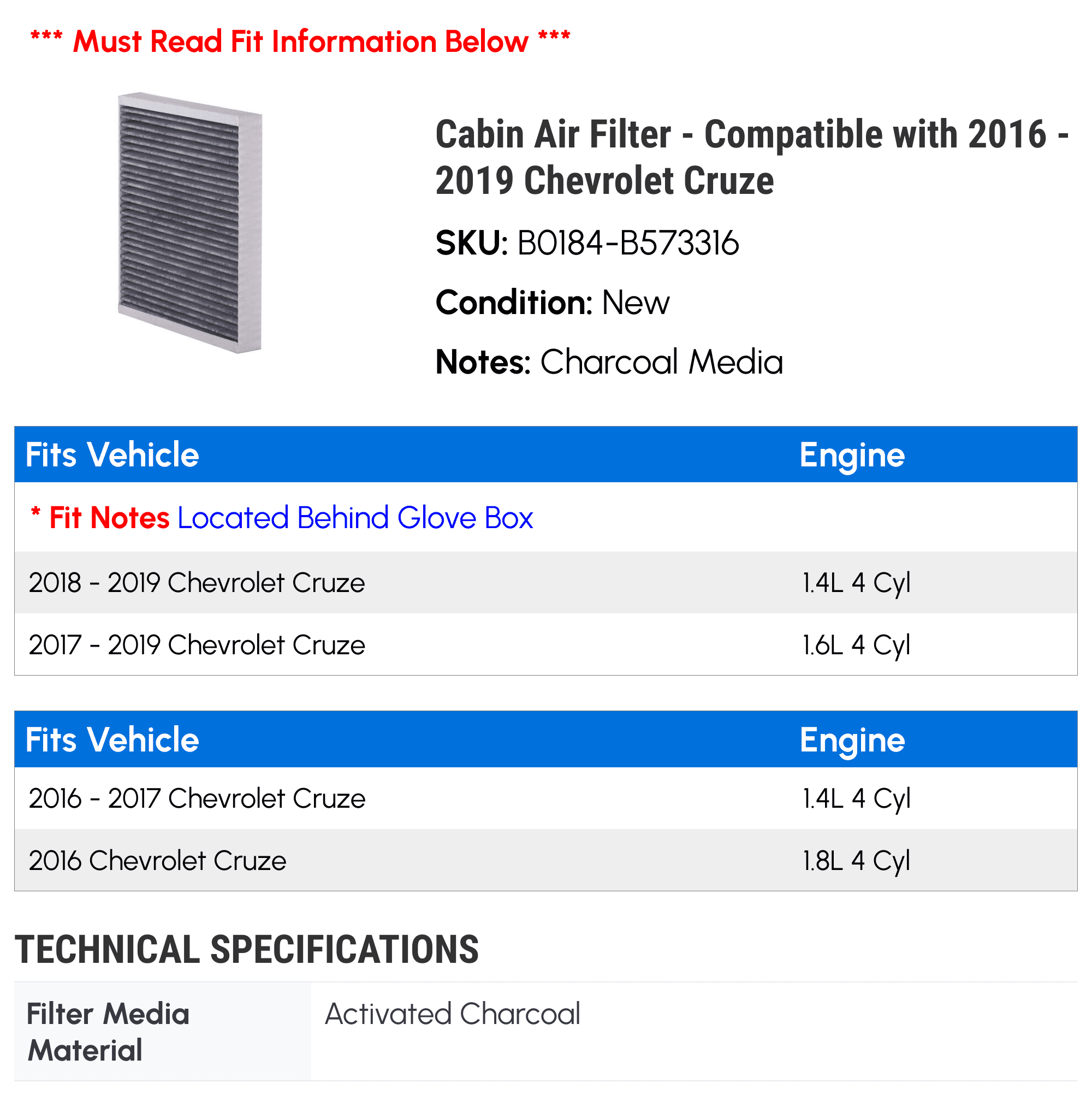 Cabin Air Filter - Compatible with 2016 - 2019 Chevy Cruze 2017 2018