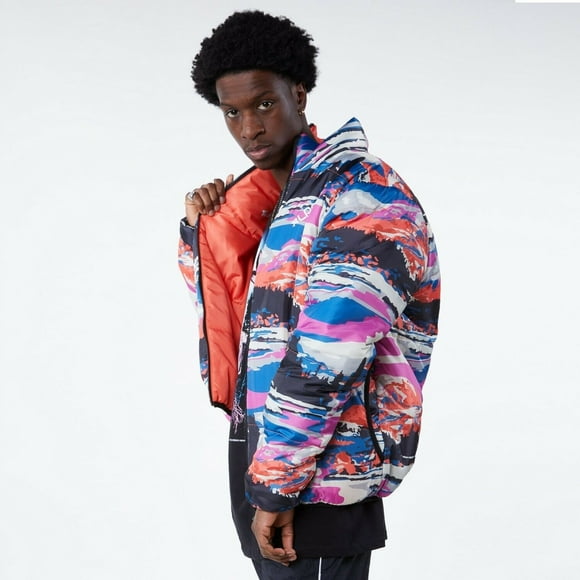 LRG Men's Alpine Divine Reversible Puffer Jacket, Orange/ Multi, S