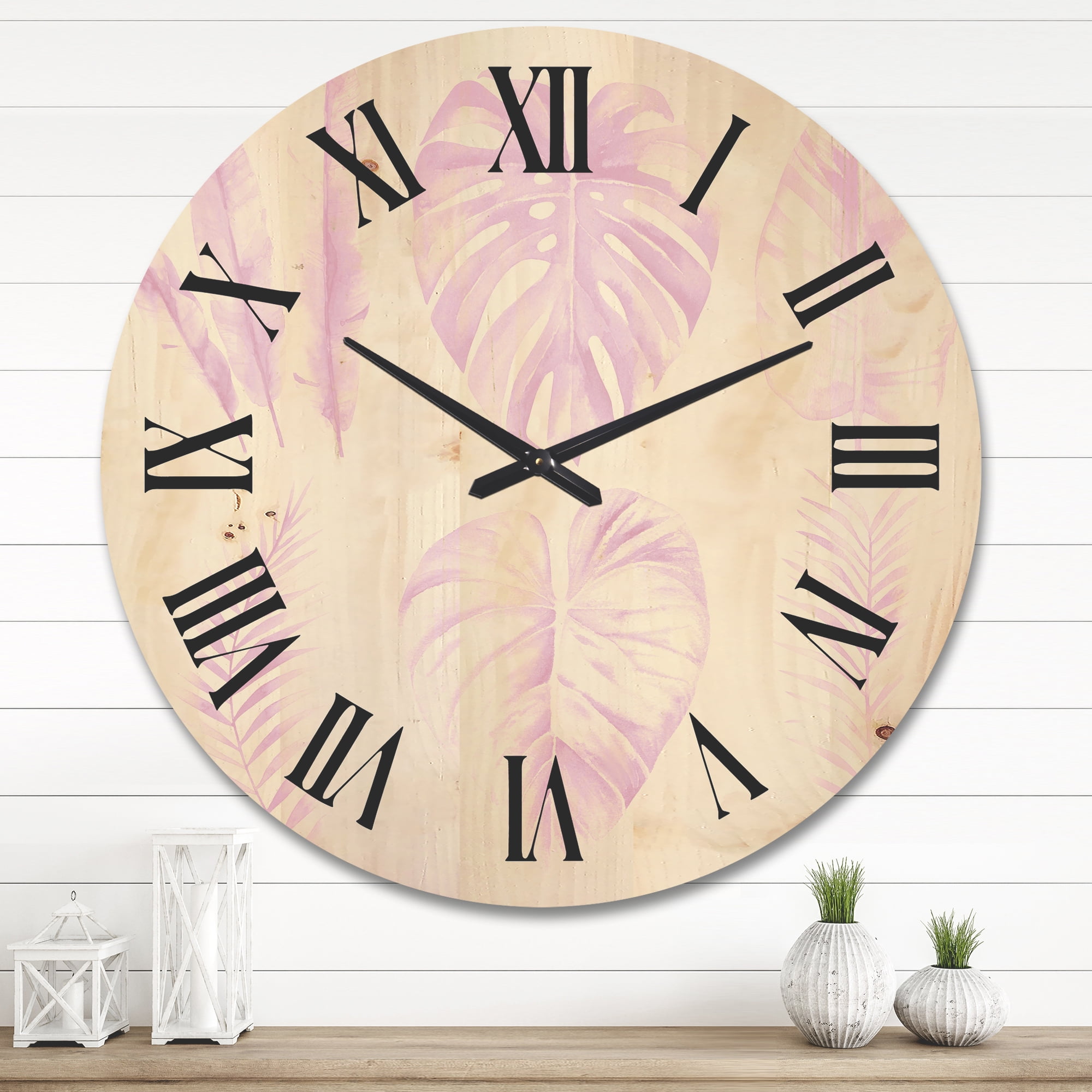 Designart 'Tropical Pink Watercolour Leaves On White I' Shabby Chic Wood Wall Clock
