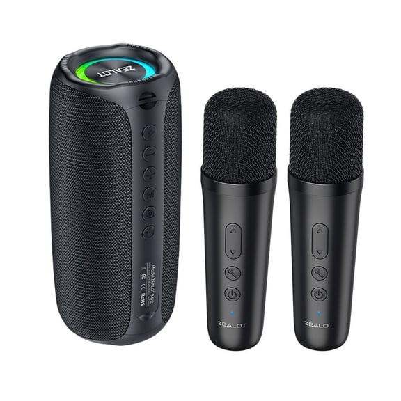 ZEALOT MP2M Portable Bluetooth Speaker, Portable Karaoke Machine with Two Wireless Mics: IPX6 Waterproof, 24W Loud Sound, Deep Bass, Bluetooth 5.3, LED Lights, Wireless Stereo Pairing, 30H Playtime