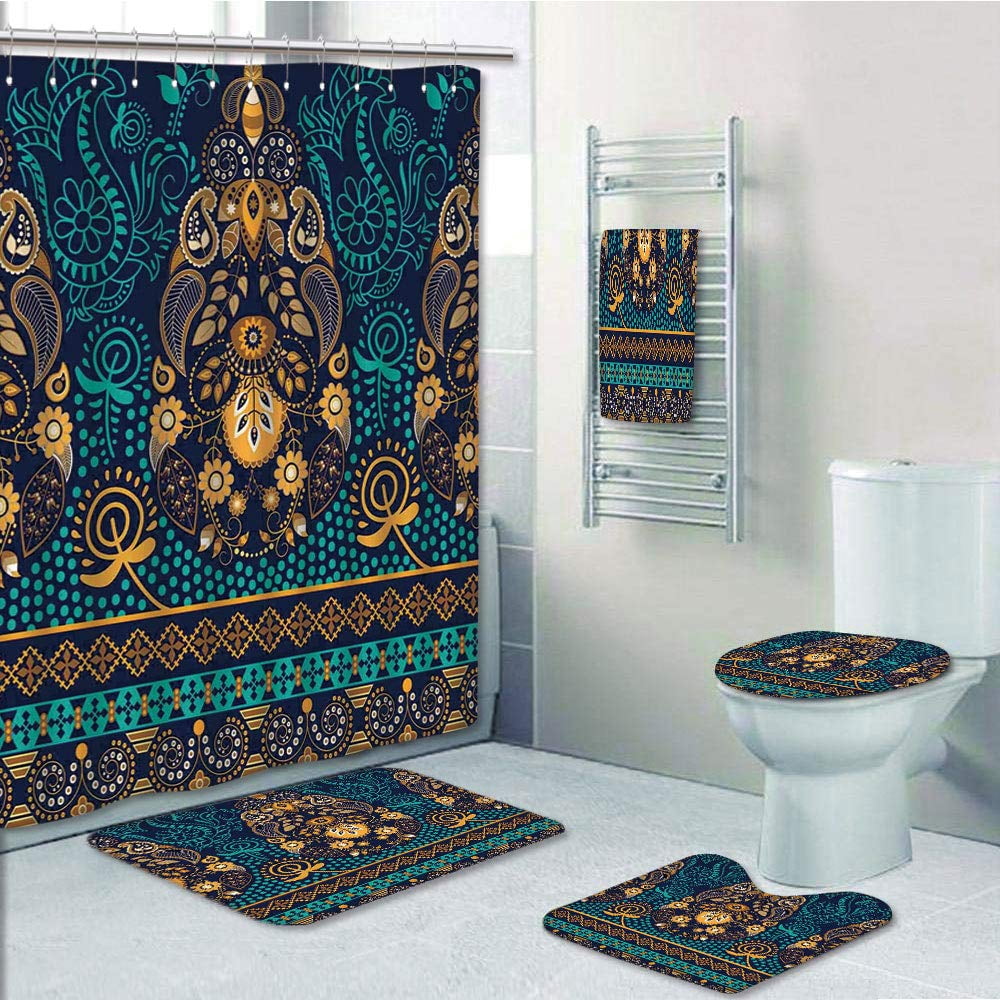 PRTAU Ethnic ed with of Flower Leaves Dots Gold 5 Piece Bathroom Set