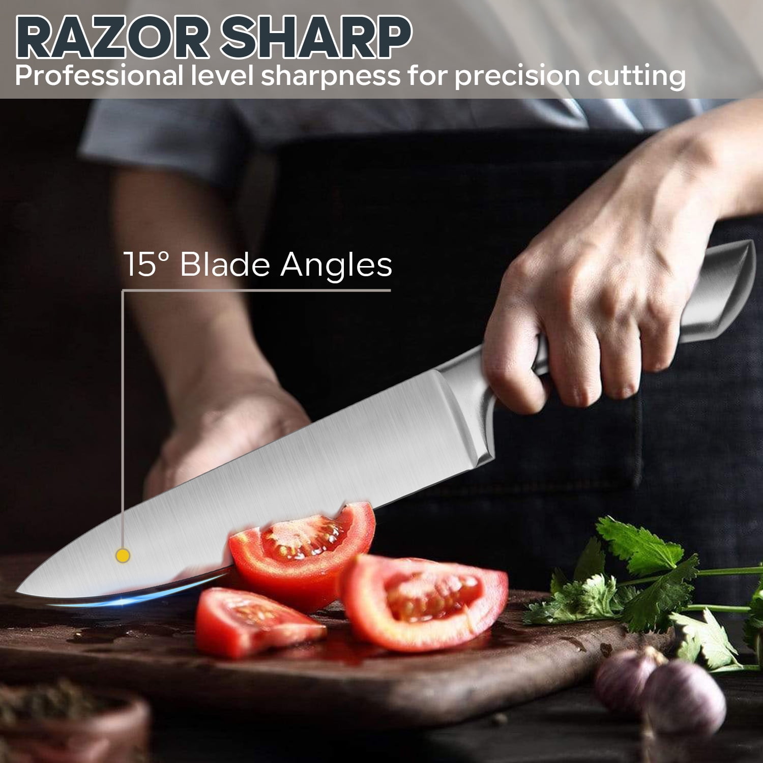 Vesteel Knife Set, 15 Pcs High Carbon Stainless Steel Knife Block Set Kitchen Knives with Sharpener Kitchen Shears, Ergonomic Handle & Sharp Blade