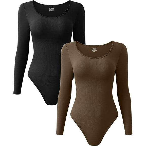 Women's 2 Piece Ribbed Sexy Bodysuit Scoop Neck Long Sleeve Bodycon Bodysuits