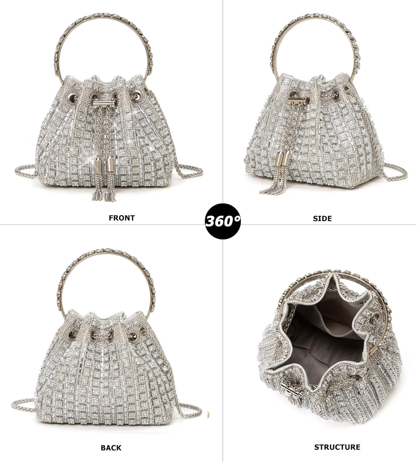 Kwuty Sparkly Diamond Evening Bag Clutch Purses for Women Rhinestone Purse Glitter Handbag for Party Prom Cocktail Wedding（Silver）