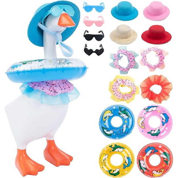 4 Sets Desk Goose Outfits for 7-inch Geese Statue, Summer Hawaiian Costume with Hats Sunglasses Swim Ring and Bikini, Cute Porch Decor Accessories