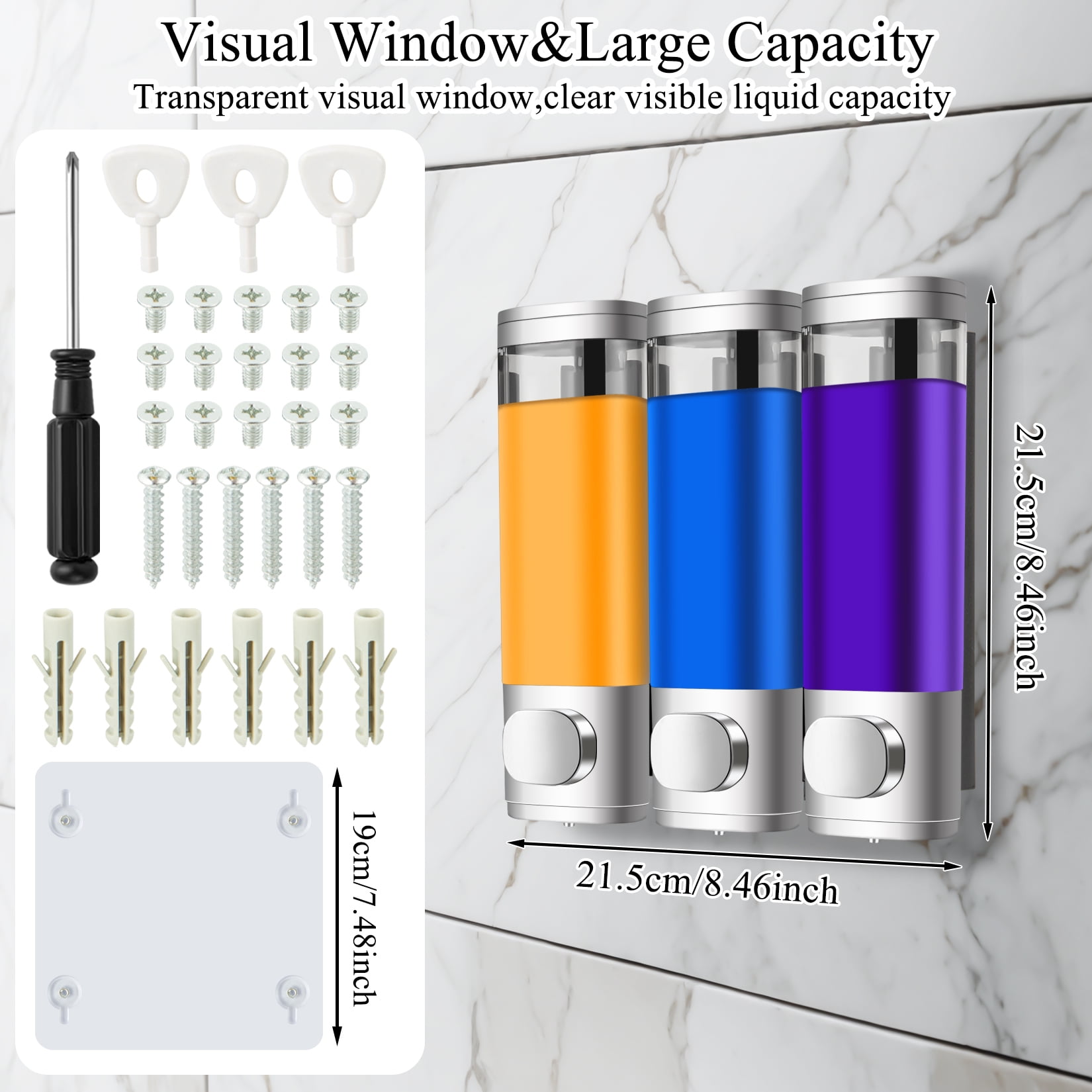 Shampoo Dispenser for Shower, Shower Shampoo Dispenser 3 Chamber, Shower Soap Dispenser Wall Mounted, Suitable for Bathroom, Kitchen, Hotel(Silver)
