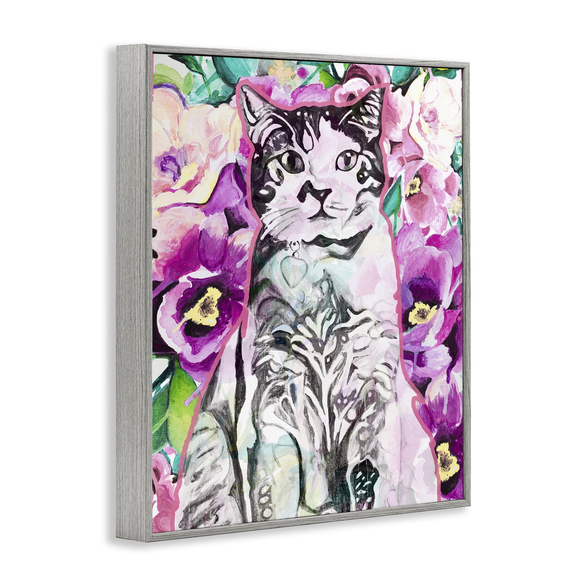 Stupell Industries Kitty Among Flowers Animals & Insects Painting Gray Framed Art Print Wall Art, 11 x 14