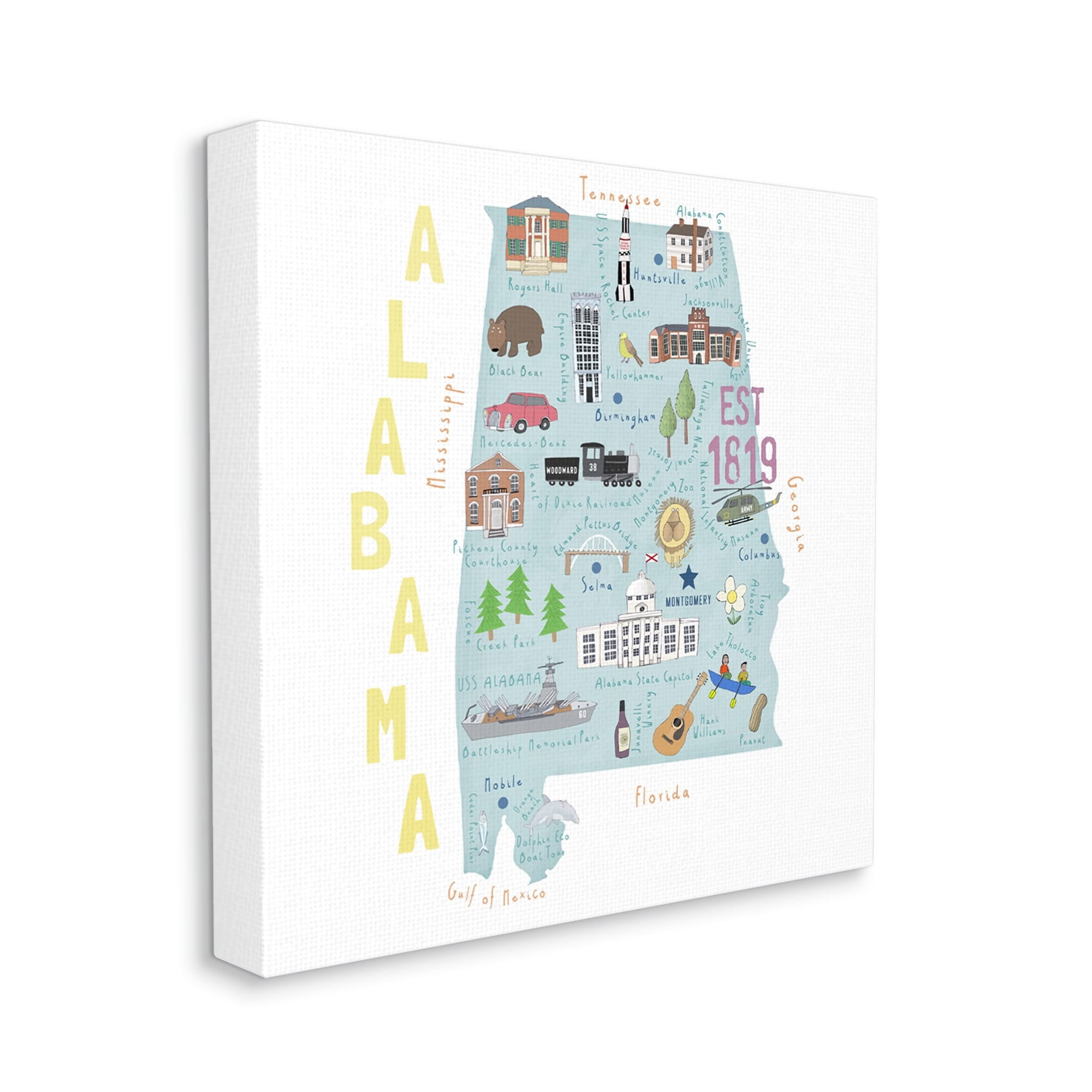 Stupell Industries Alabama Landmark Map USA Travel & Places Painting Gallery Wrapped Canvas Print Wall Art