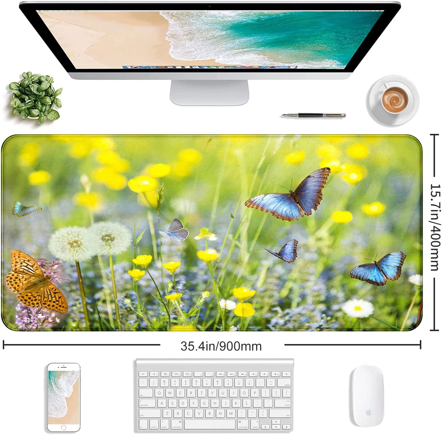 Large Extended Gaming Mouse Pad with Stitched Edges, Non-Slip Waterproof Rubber Base Mouse Pad for Office, Computer, Keyboard, Laptop and Home Desk Pad 35.4 x 15.7 x 0.12 Inch (Butterfly Wildflowers)