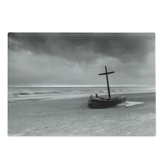 Shipwreck Cutting Board, Wreck Small Stranded Boat on Seaside Snow Clouds Windy Day Wave Picture, Decorative Tempered Glass Cutting and Serving Board, Large Size, Black and White, by Ambesonne