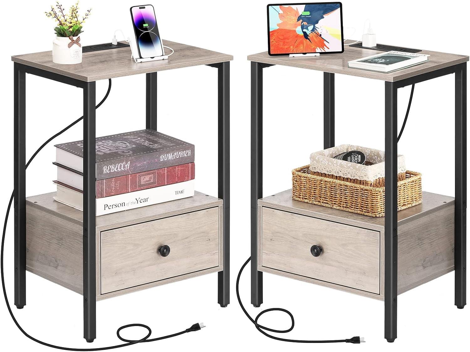 Oumilen Modern Adult Nightstand Bottom Wood Drawer with Chargers Light Oak, Set of 2
