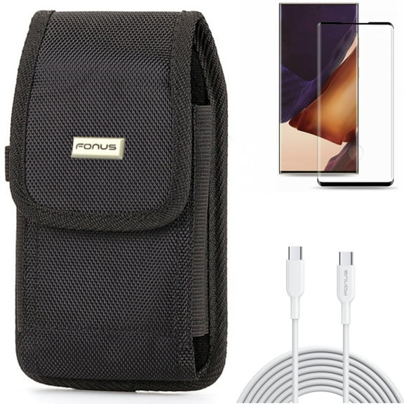 Screen Protector & 10ft Long Type-C Cable & Case Belt Clip for Samsung Galaxy Note 20 Ultra (6.9") - Combo with Tempered Glass (Fingerprint Unlock) & Fast Charger Cord PD & Rugged Holster