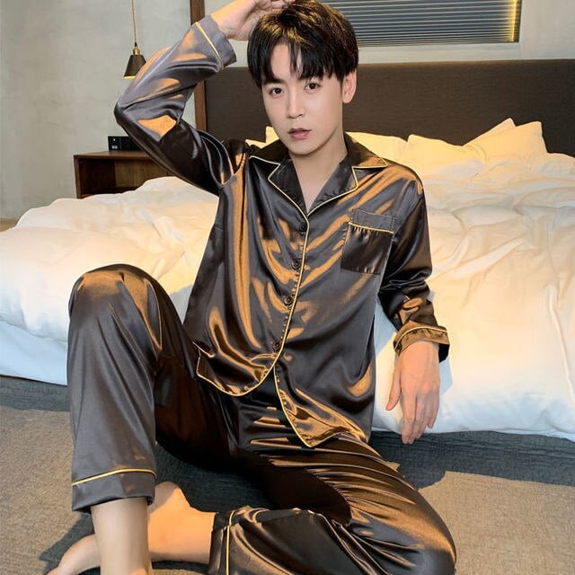 Qwzndzgr Pajamas Men Home Wear Suit Silk Satin Sleepwear Long Sleeve Pajama Sets Trendyol Sleep Tops Pants Large Size Loungewear, Adult Unisex, Size