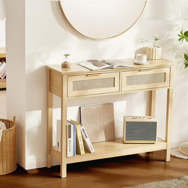 VEVOR Mesa consola de ratán con 2 cajones de almacenamiento, mesa de entrada de ratán con puerta corrediza de ratán natural, mesa consola para sofá para sala de estar, estudio, entrada o pared de TV