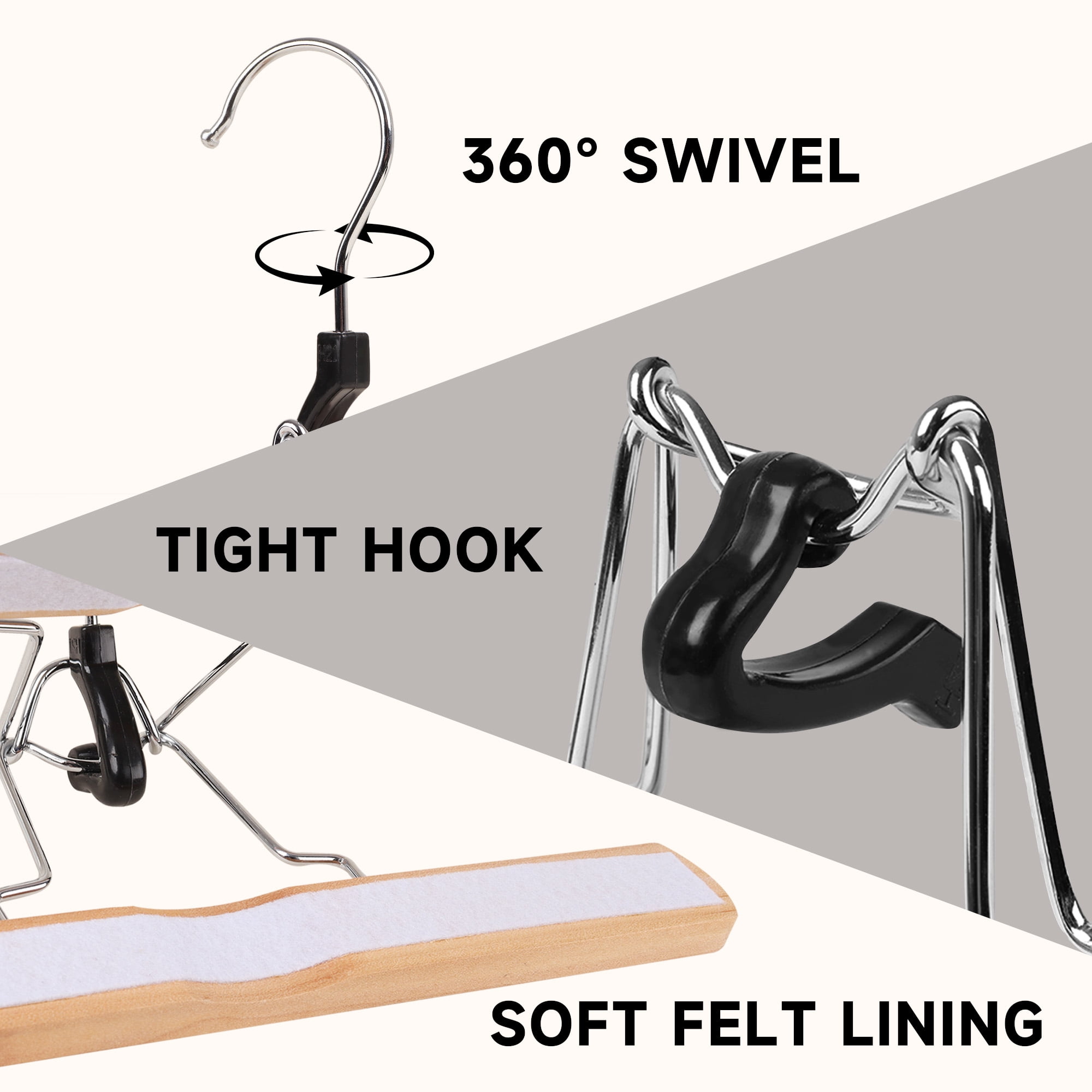 BP4U 12-Pack Wooden Pants Hangers with Felt Lining, 12" Non-Slip Clamp Solid Wood Skirt Hangers for Trousers, Jeans, Shorts, and Delicate Fabrics