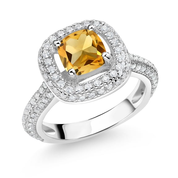 Gem Stone King 925 Sterling Silver Yellow Citrine and White Moissanite Engagement Ring for Women (1.56 Cttw, Cushion 6MM, Gemstone November Birthstone, Size 8)