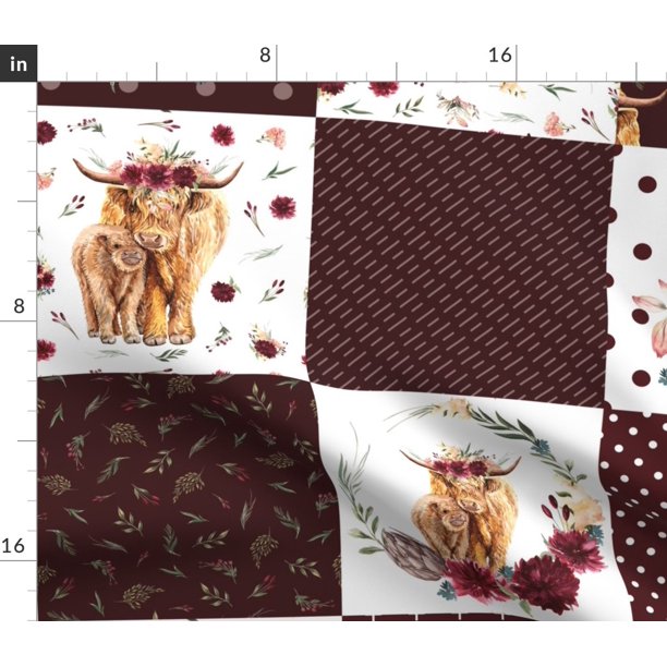 Spoonflower Fabric Maroon Floral Highland Cow Cheater Quilt Squares