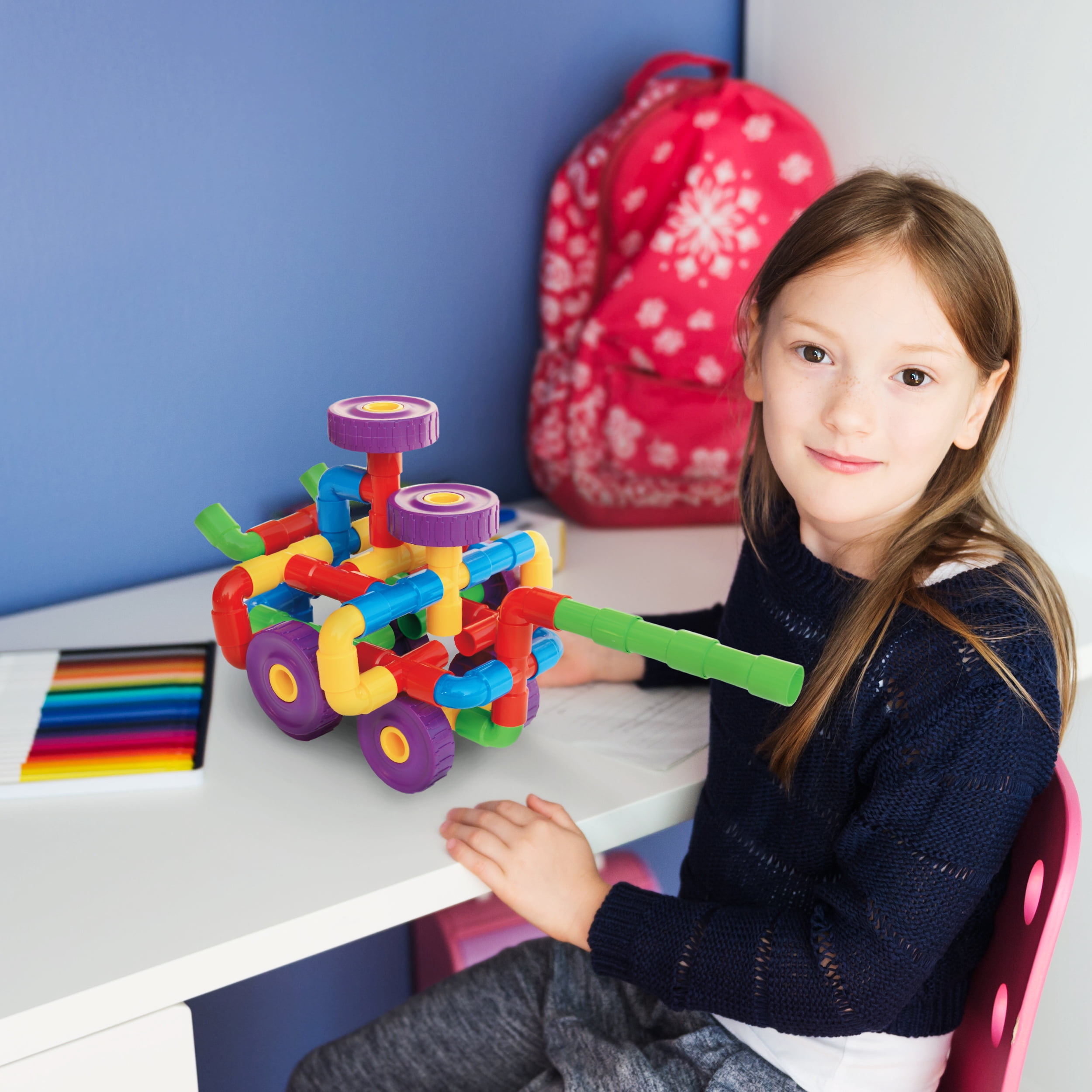 PicassoTiles 136PCS Pipe Tube Wheel Construction Building Blocks Set – STEM Educational Toy for Kids