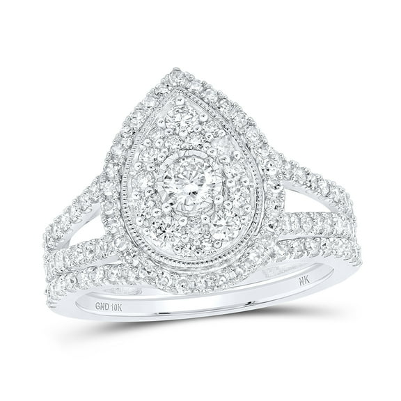 10kt White Gold Round Diamond Teardrop Bridal Wedding Ring Band Set 1 Cttw