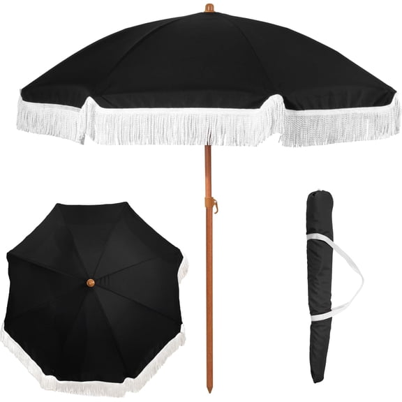 6 Ft Fringe Patio Umbrella with Push Button Tilt Black