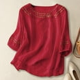 thumbnail image 2 of yueewhu Linen Shirts for Women Summer 2026 Retro Embroidered 3/4 Sleeve Boho Tops Dressy Casual Blouses Teacher Loose Tunics (Red, M), 2 of 4