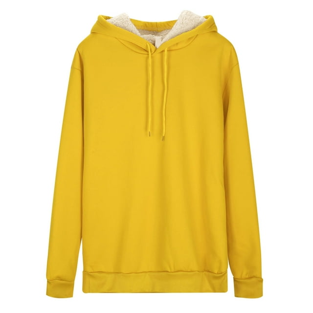 Women's Warm Lamb Wool Hoodie Solid Color Round Neck Long Sleeve Threaded Drawstring Casual Sweatshirt for Autumn Winter