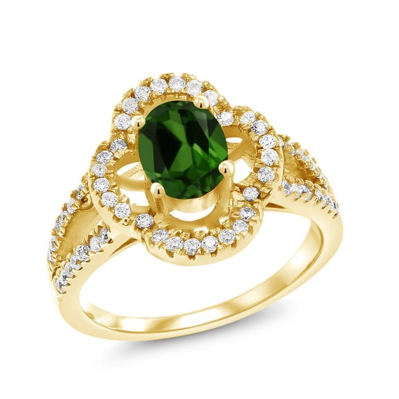 Gem Stone King 1.57 Ct Oval Green Chrome Diopside 18K Yellow Gold Plated Silver Spotlight Ring (Size 8)