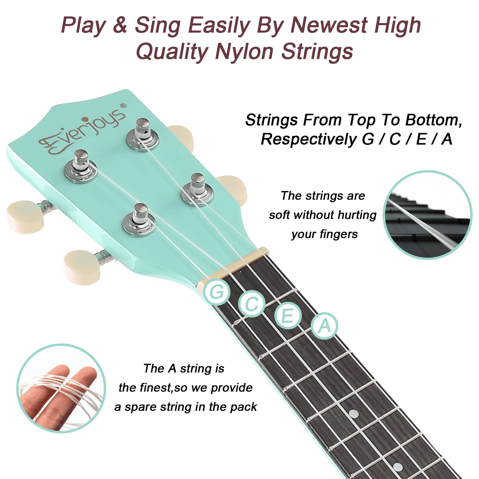 Everjoys 21" Soprano Ukulele Beginner Kit w/ Free Online Lesson, Gig Bag, Strap, Digital Tuner, Spare String, Picks, Polishing Cloth, Rainbow Series