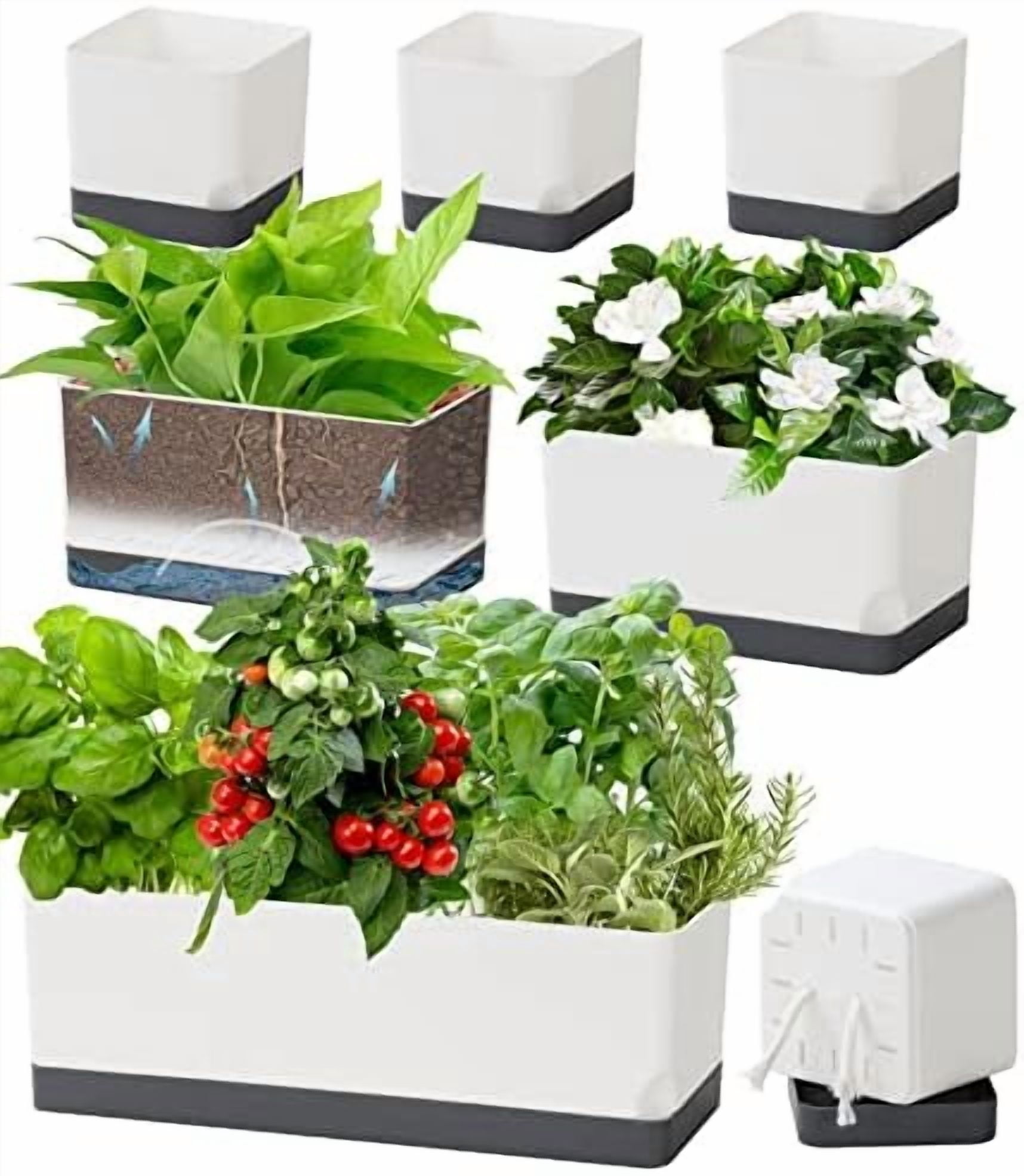 Self Watering Planters Pots for Indoor Plants, 7 Pack 4+8+17 Inch Plastic Window Boxes Planters Herb Planter, Rectangle Rectangular Planter Windowsill Planters with Drainage and Saucer