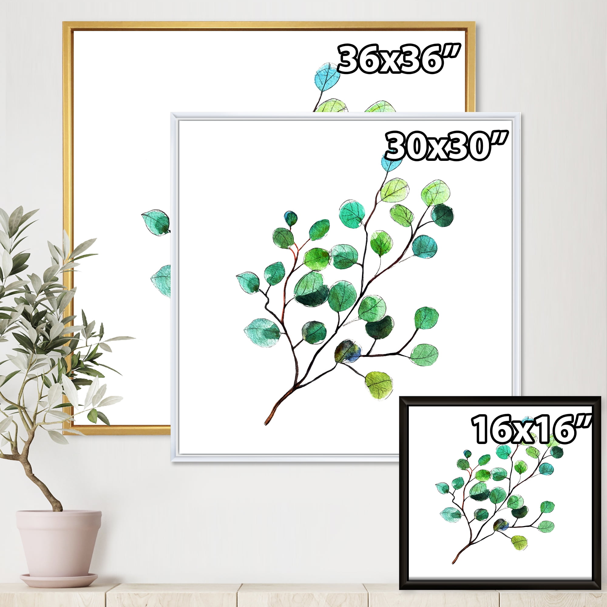 Designart 'Young Eucalyptus Branches and Leaves IV' Traditional Framed Canvas Wall Art Print