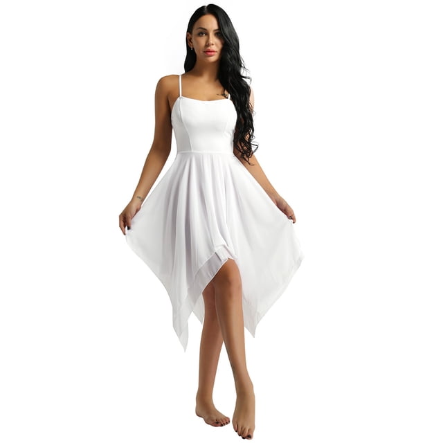 inhzoy Robe de Danse Lyrique pour Femmes en Chiffon Bretelles Spaghetti Asymétrique Robe de Bal Blanche P