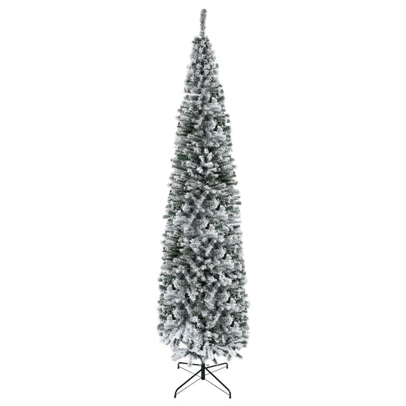 9ft Flocked Green Pencil Christmas Tree with Realistic Tips | Slim Holiday Decor for Living Room & Entryway | Steel Stand Included