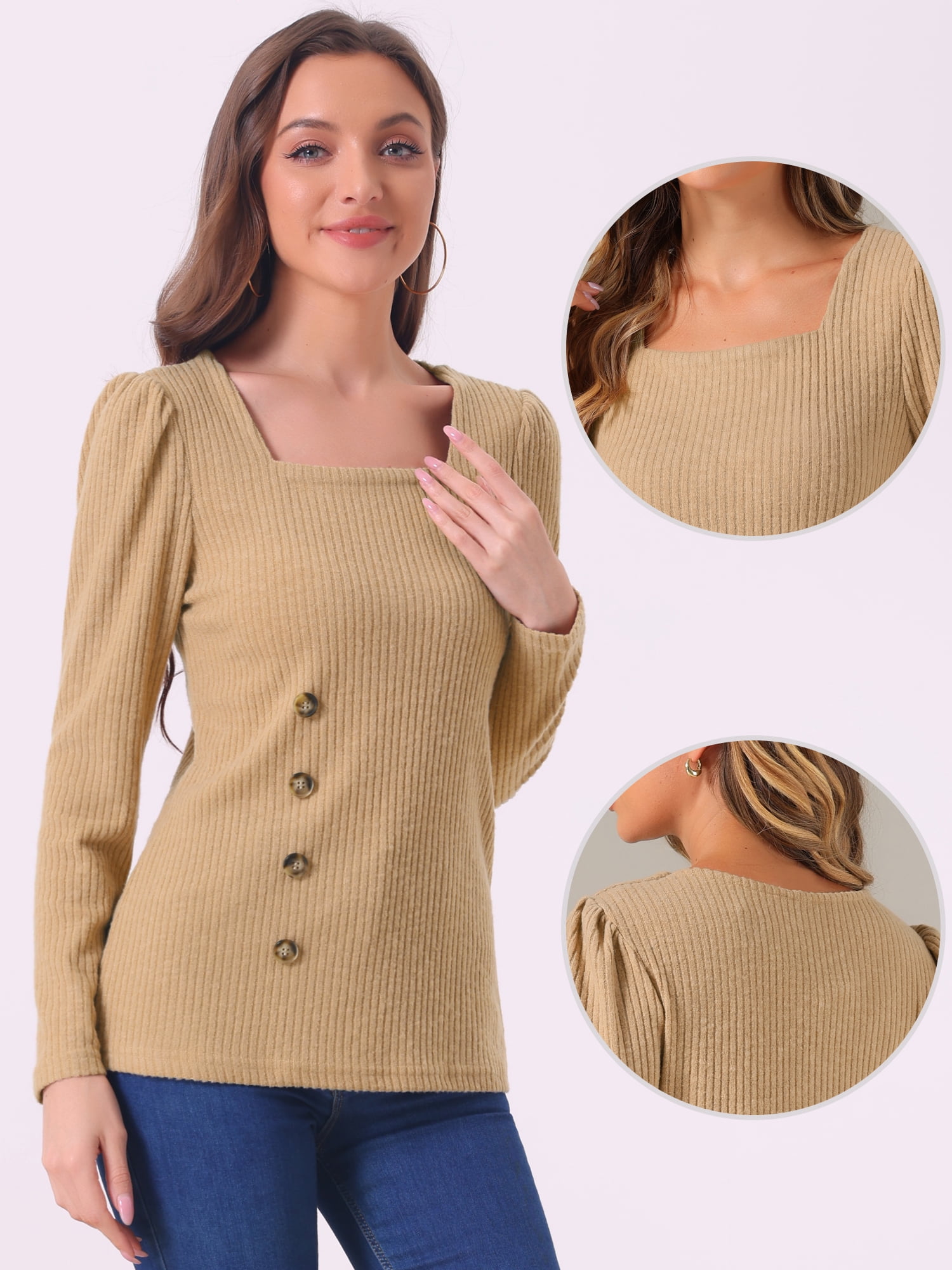 DARING DIVA Square Neck Sweaters Long Sleeve Top L Khaki