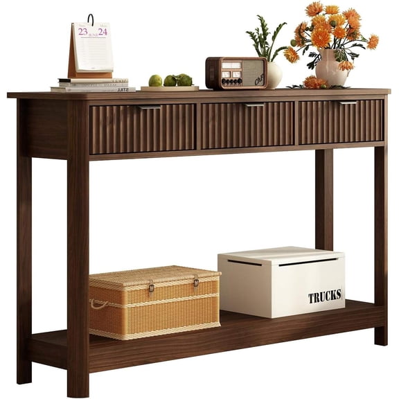 Fluted Wood Console Table with 3 Drawers, Narrow Sofa Table for Living Room, Foyer or Hallway (Dark Walnut)