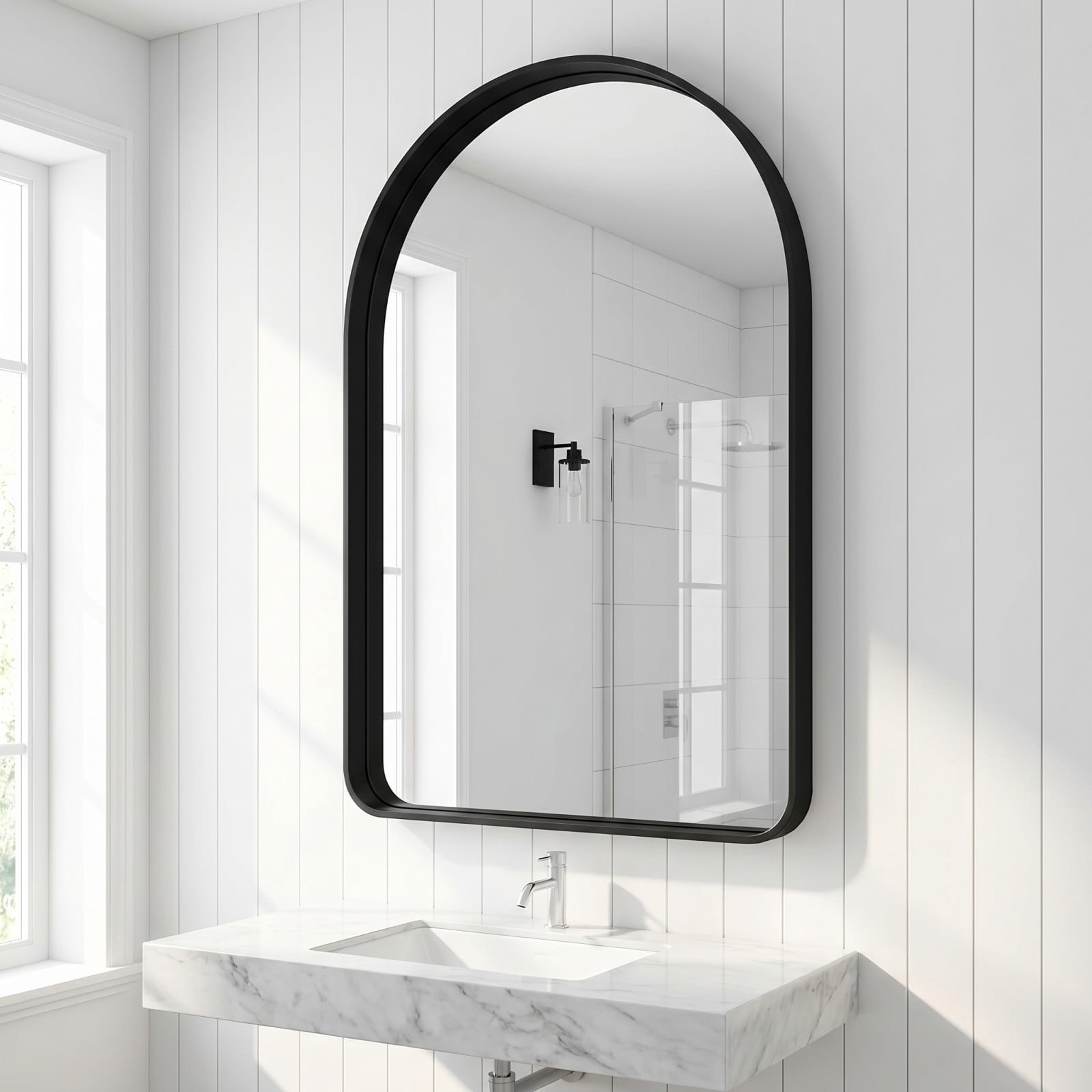 Gleamira 36"x48" Arched Bathroom Mirror Rounded Corner Vanity Wall Mirror with Deep Frame, Black