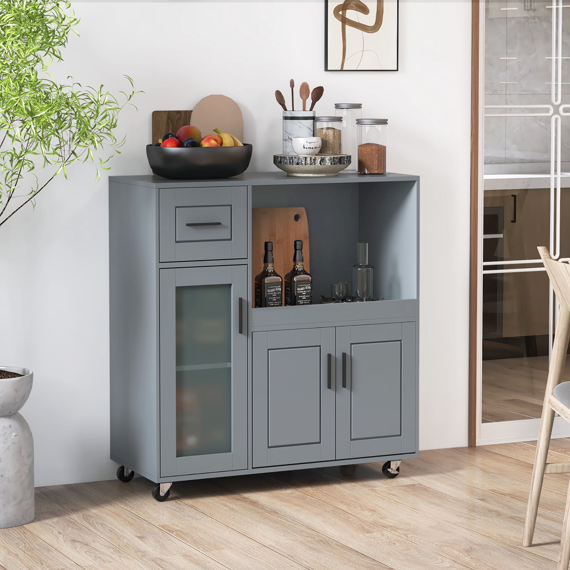 Gymax Kitchen Island Cart on Wheels Microwave Cabinet w/ Frosted Tempered Glass Door