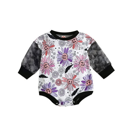 

Wallarenear Baby Girls Halloween Sweatshirt Romper Mesh Patchwork Pumpkin Onesie Bodysuit