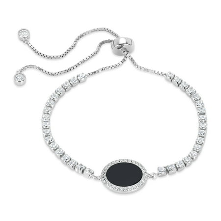 Black Onyx and White Cubic Zirconia Sterling Silver Rhodium Plated Oval Box Chain Bolo Bracelet 10