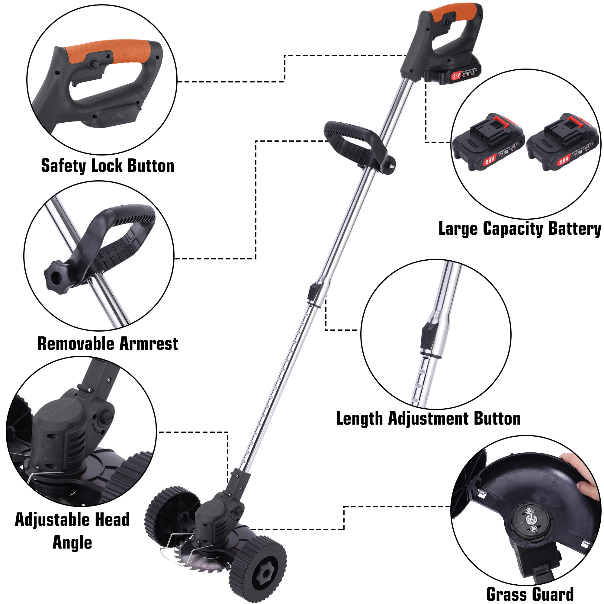 3 in 1 Cordless Grass Trimmer Edger Lawn Tool Bush Cutter with 2 Batteries, Black